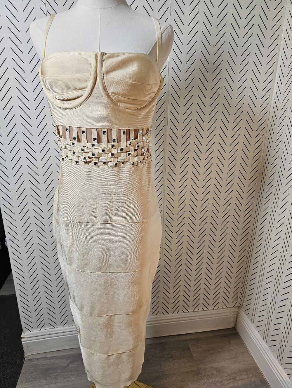 Fashion Nova Cream Strappy Midi Dress with Woven Rhinestone Waistband - Picture 2 of 11